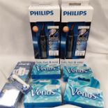 Two boxed Philip's nose and ear trimmers, toothbrush heads and four packs of Gillette Venus razor