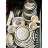 A crate of chinaware, including modern Portmeirion and Spode.