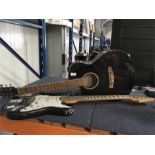 A Johnson electric guitar together with an acoustic one. Condition as found.