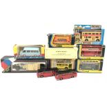 Ten diecast bus models by Corgi and others, includes Eastern European RAF-2203 bus, Alder Valley