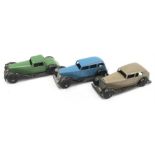 Three Dinky post-war 30/ 36 series cars: 30c Daimler in fawn; 36a Armstrong Siddeley in blue; 36