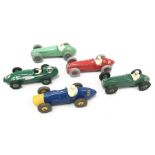 Five Dinky Toys 23 series racing cars: 23j HWM; 239 Vanwall; 23g Cooper-Bristol; 23h Ferrari; 23f