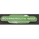 Southern railway 'BOURNEMOUTH WEST' enamel totem sign. Measures 93 x 26cm.