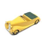 Dinky Toys 38b Sunbeam Talbot with yellow body and ridged hubs, and green tonneau. Crack to