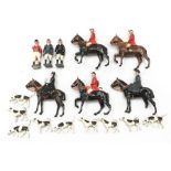 Selection of Britains Hunting Series lead figures: 3 x Mounted Huntsman; 2 x Mounted Huntswoman (one