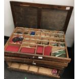 Large wooden chest containing a quantity of assorted Meccano, ages vary, includes brass gears,
