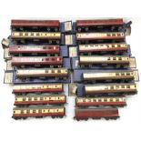 16 x Hornby Dublo coaches, includes 5 x brown and cream with Cornish Riviera Express decals and 5