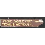 'FROME, CASTLE CARY, YEOVIL & WEYMOUTH' BR (WR) destination board, wooden with metal frame to one