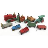 Nine Dinky Toys models, includes 2 x 25j Civilian Jeep, one in red with blue ridged hubs (G) and the