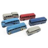 Six Dinky buses, includes 29b Streamline Coach in two-tone grey/ blue, with black hubs and smooth