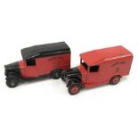 Two Dinky Toys 34b Royal Mail Delivery Vans, one with black roof and hubs, the other with red roof