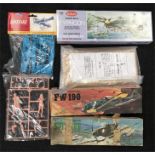 Six plastic and balsa wood model kits, includes Airfix 1/72 scale Spitfire modern issue.