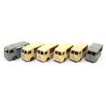 Six Dinky Toys 490 and 491 Electric Dairy Vans, five colour/ logo variations, includes 'Express