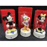 3 Schmid Disney music boxes: Mickey Mouse, Minnie Mouse, Mrs Duck (with original boxes).