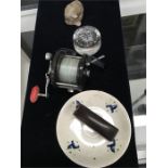 Fishing reel, china plates, pen nibs, Poole mouse etc.