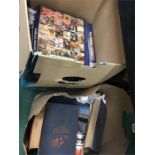 Two boxes of assorted books. British empire, summoned by bells, trilby, various cards, etc