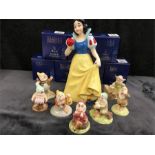 Snow White figurine, and 7 Royal Doulton dwarfs with boxes.