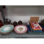 A collection of china plates together with two cloisonne pots, two Doulton vases and a box of