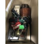 A box of collectables to include toy cars, silver plate, trinket boxes etc.