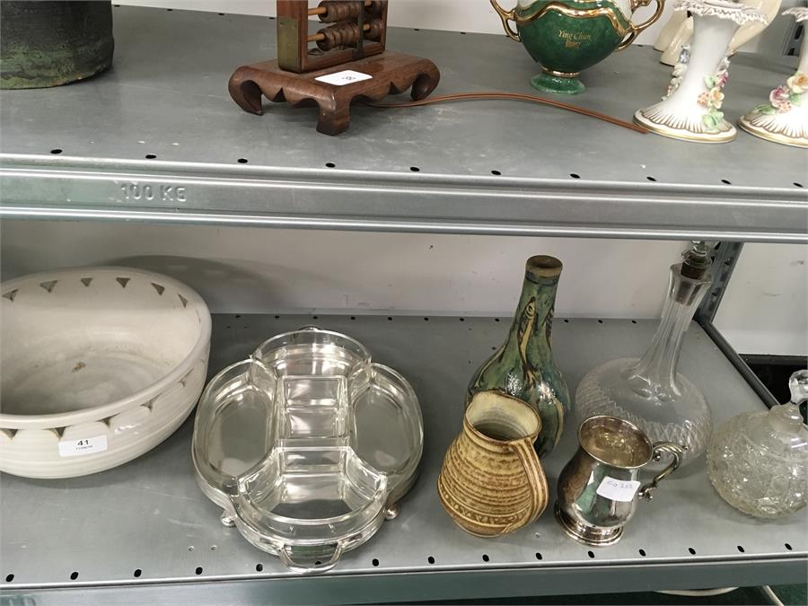 Two glass decanters, pottery vases, bowl etc.