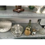 Two glass decanters, pottery vases, bowl etc.