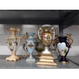 Seven assorted china vases including Paris, staffs and transfer decorated.