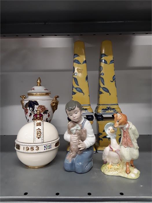 A collection of china to include Nao boy figure and Beatrix Potter figure.