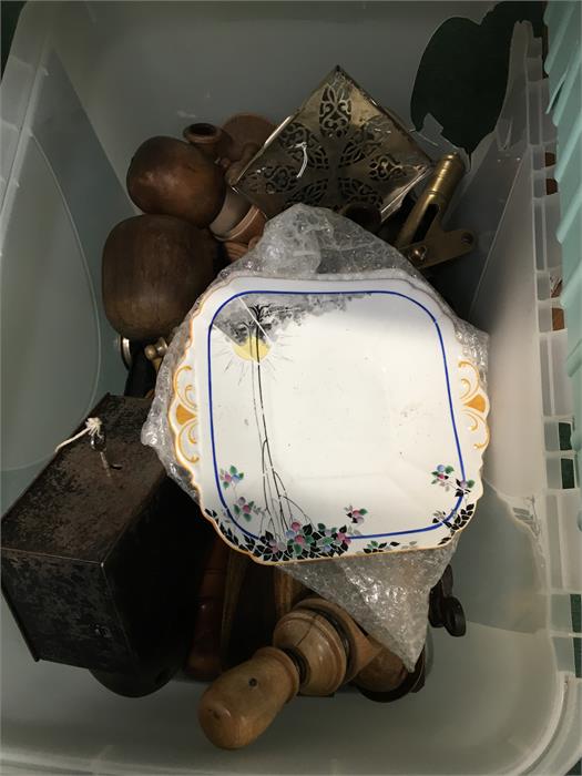 A box of collectables, treen items, metal box, brass etc.