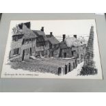 Four framed pen sketches of Dorset scenes.