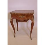 A C19th Continental tulipwood work table, with parquetry inlaid decoration and brass mounts, 24" x