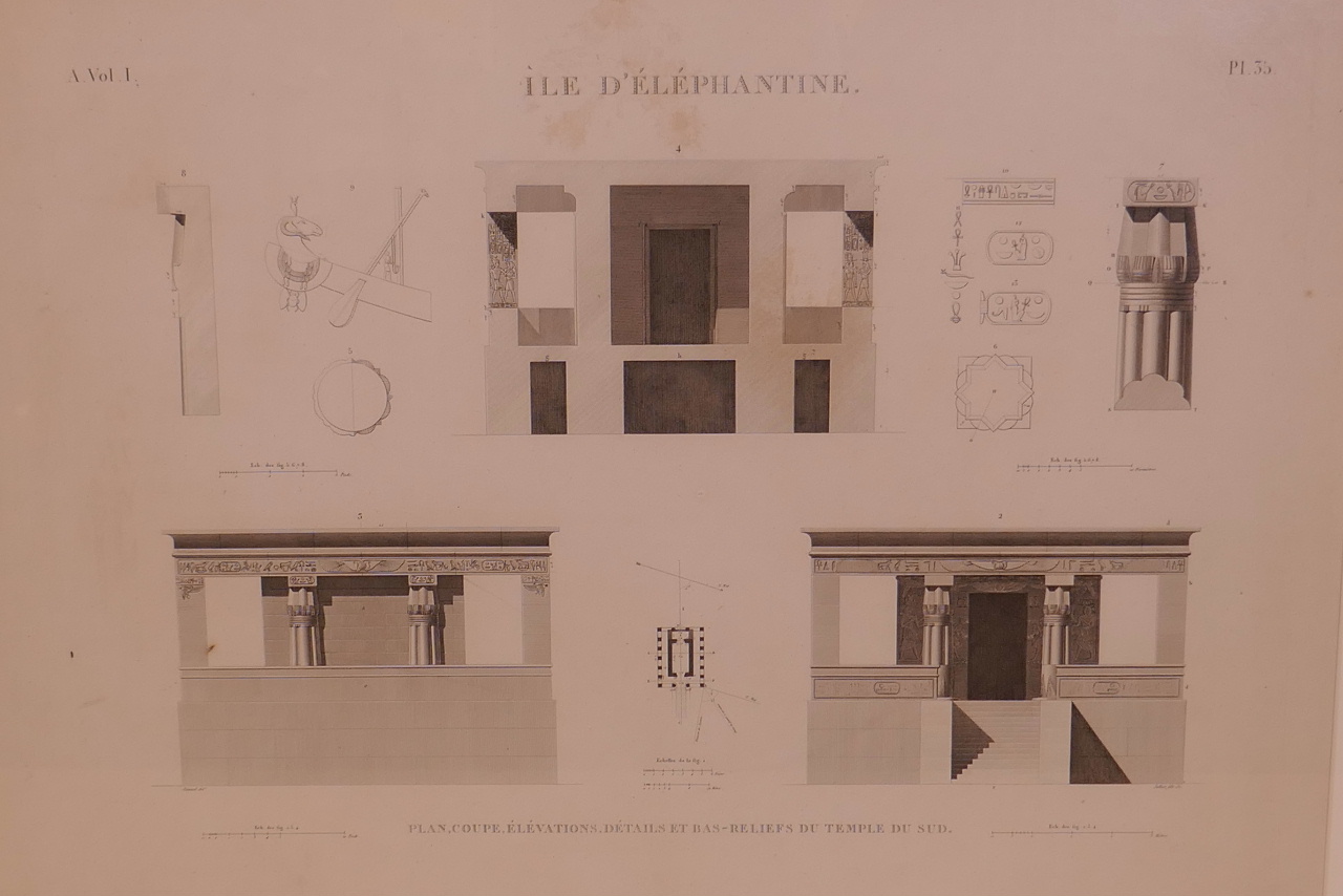 An early C19th architectural lithograph titled 'Ile D'Elephantine, Plate 35', depicting elevations