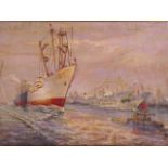 A Chinese oil on canvas, ships in Hong Kong Harbour, dated 1958 and signed, 22" x 15½", A/F tear