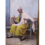 Edouard Minet, oil on canvas, study of an Arab gentleman seated smoking a cigarette, signed and