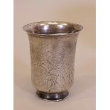 A C18th French silver beaker with engraved decoration of a lion, tiger, stag and a dancing man,