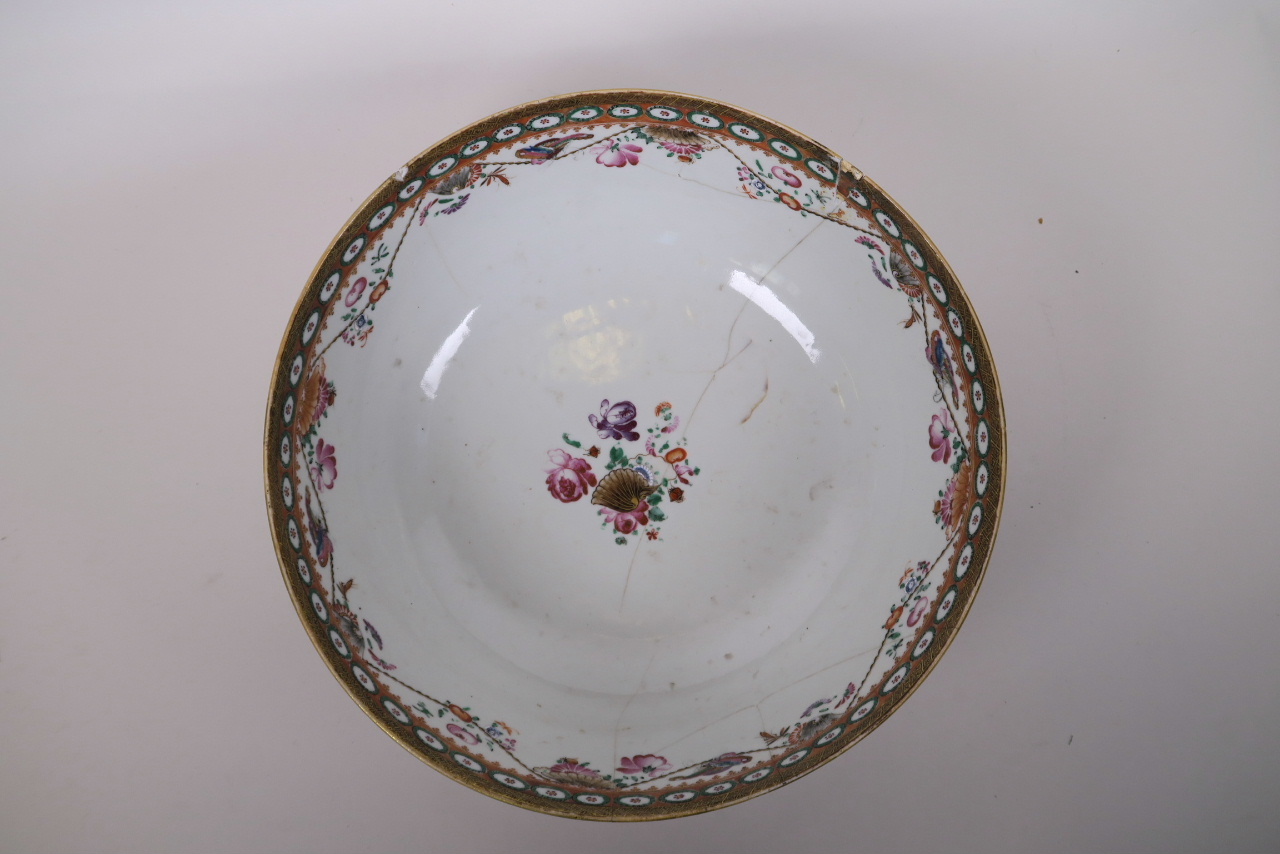 A Mandarin porcelain punch bowl, with enamelled floral decoration, A/F repaired, 11½" - Image 2 of 4