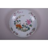 A Chinese polychrome enamel porcelain dish with frilled rim, decorated with peonies and prunus