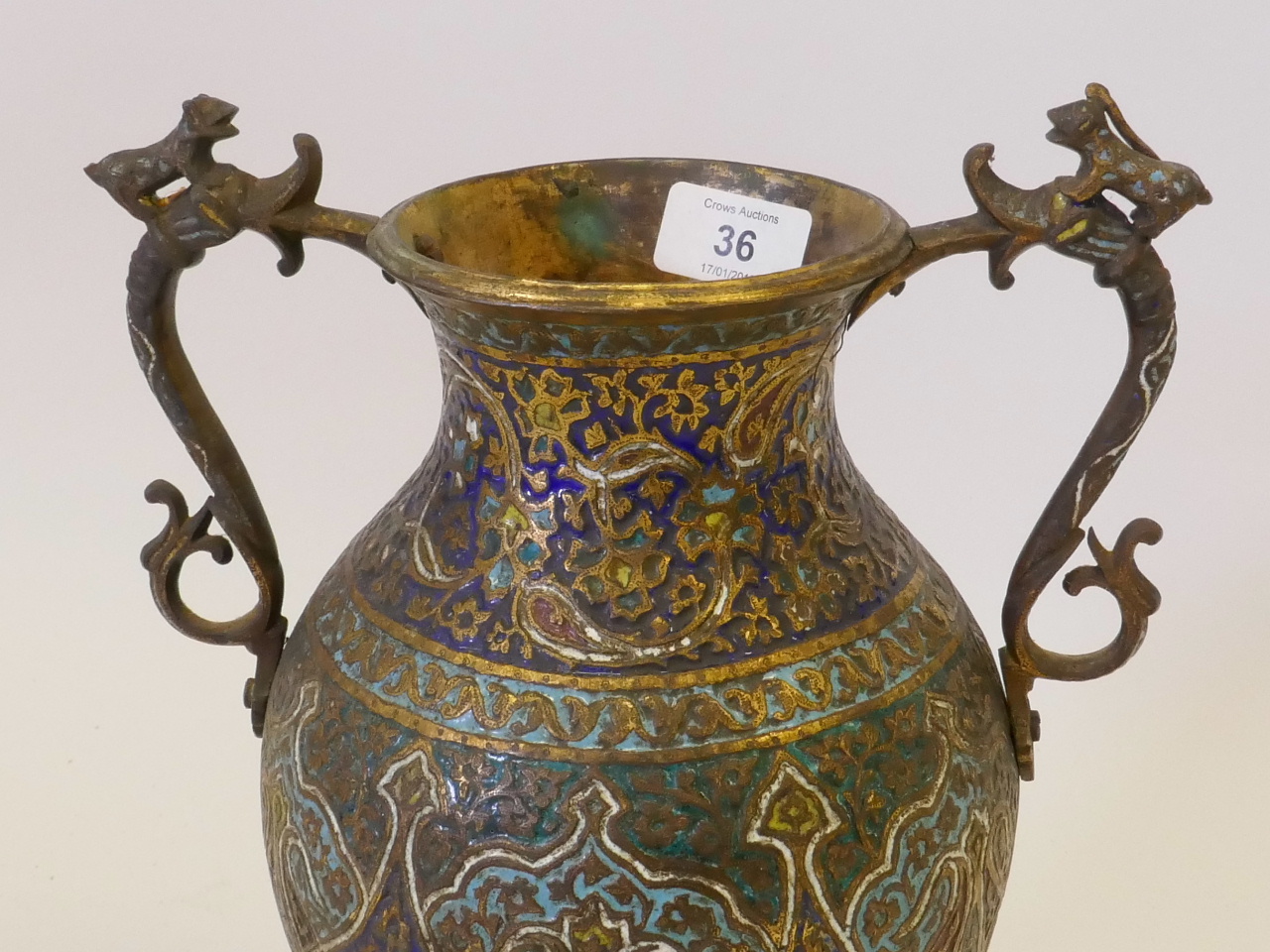 A Kashmiri gilt brass and enamel vase, with dragon handles, probably late C19th, 13" high - Image 2 of 3