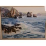 Arthur Bradbury, signed watercolour, coastal view with waves breaking over rocks, 13½" x 10"