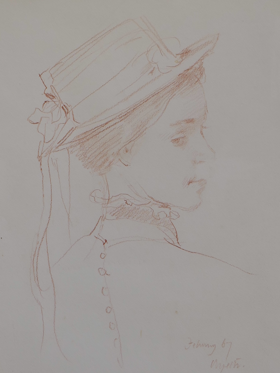 A red crayon sketch of a lady in Edwardian clothing, signed and dated indistinctly, 15" x 20"