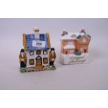 A C19th Prattware money box in the form of a cottage, 5" high, old collection label to base, and a