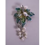 A silver, plique-à-jour and pearl brooch in the form of a vine, 3" long