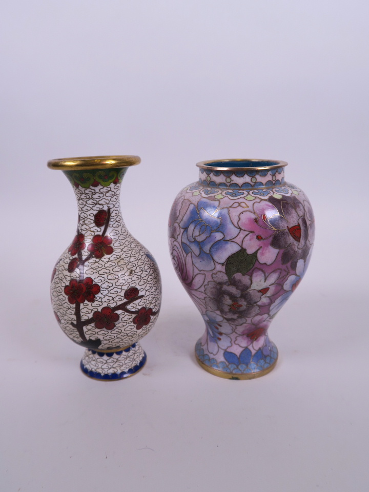 An Oriental cloisonné vase with peony decoration, together with another, 5" high - Image 2 of 2