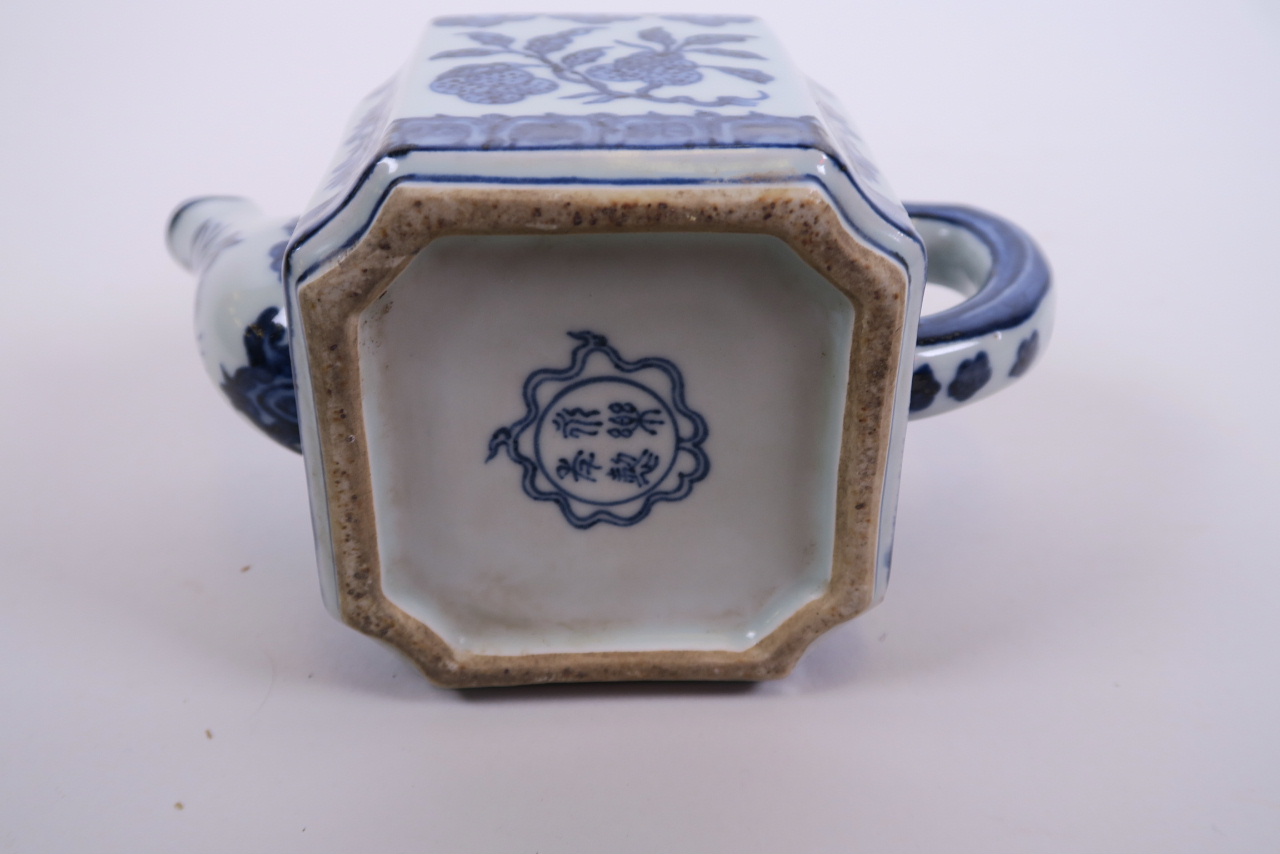 A Chinese blue and white porcelain teapot of square form decorated with fruiting branches, 4 - Image 3 of 3