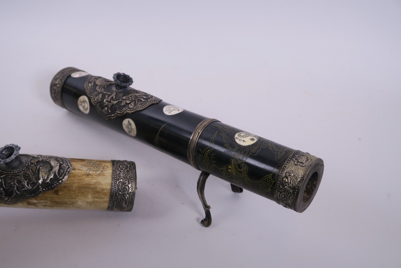 A Chinese sectional bone and composition opium pipe with white metal mounts and engraved - Image 3 of 3