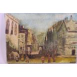 An oil on canvas Continental street scene with tall buildings and many figures, signed indistinctly,