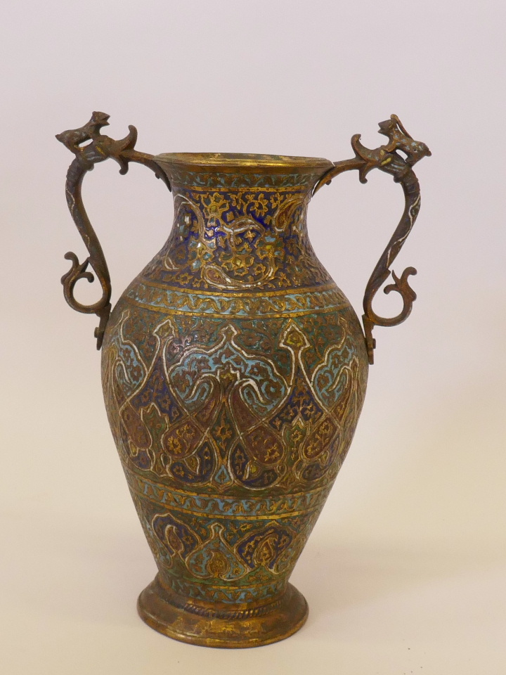 A Kashmiri gilt brass and enamel vase, with dragon handles, probably late C19th, 13" high