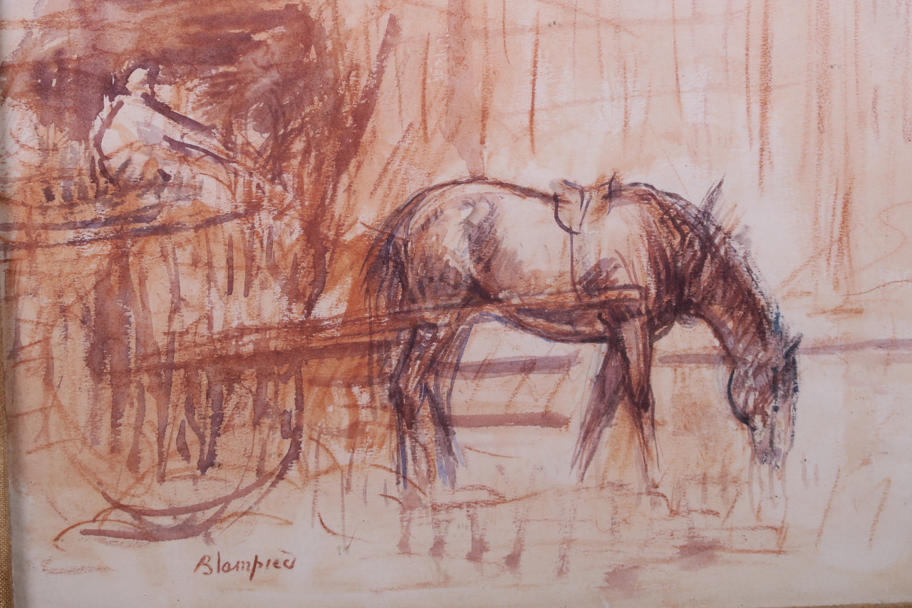 A sepia watercolour and pastel figure on a horse drawn cart, signed 'Blampied', 12½" x 9" - Image 2 of 3