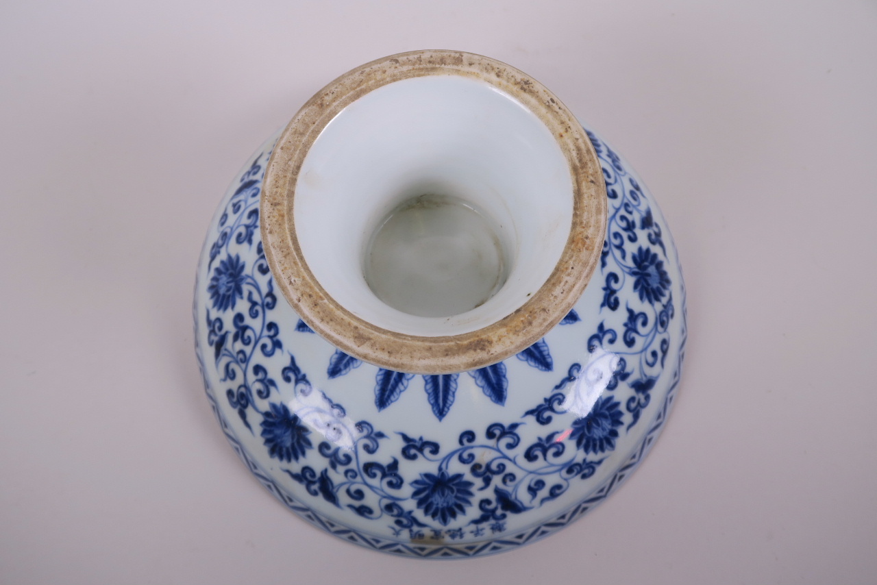 A Chinese blue and white porcelain stem bowl decorated with birds, fruit and flowers, 10" - Image 4 of 4