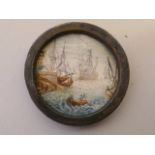 A C19th miniature painting of figures in a row boat and sailing ships, in a silver frame, 1¾"