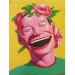 A Chinese contemporary oil on canvas portrait depicting a laughing gentleman, 20½" x 24½"